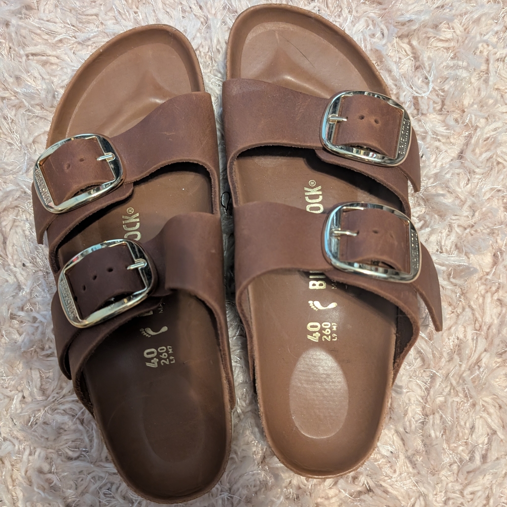 Brown Birkenstock Sandals with Silver Buckles